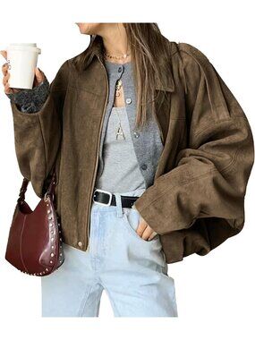 Women's Brown Oversized Faux Suede Collared Hidden Zipper Pilot Bomber Jacket